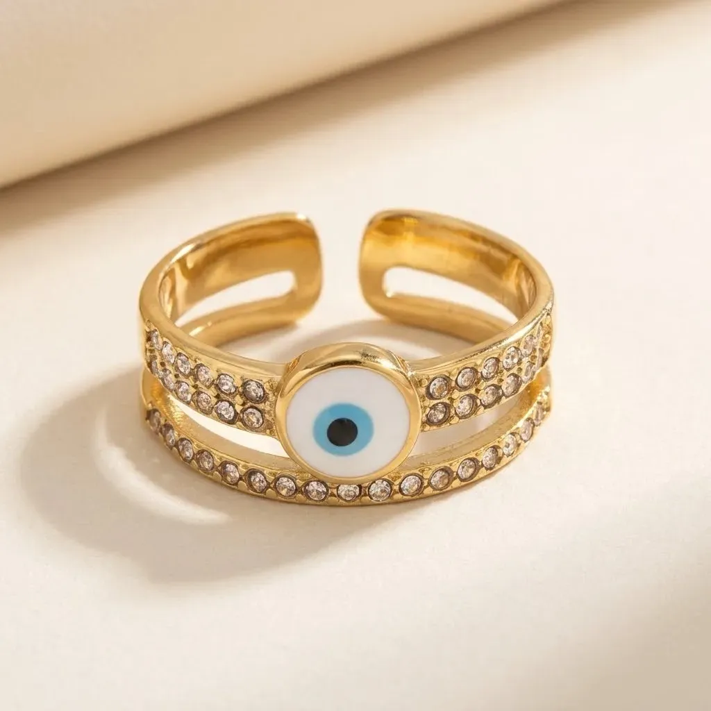 Anillo Ojo Turco con Zirconias Dorado